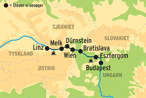 Kort over rejsen Donau på første klasse
